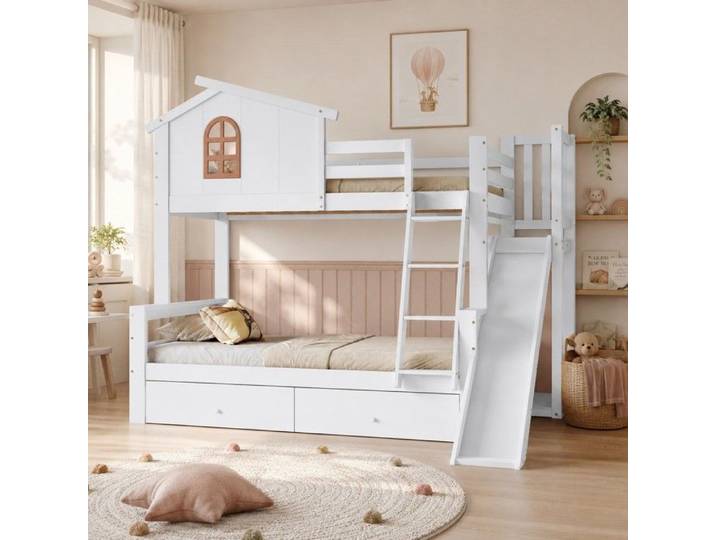 Lit superposé double 90x200/120x200cm lit d'enfant lit de maison avec toboggan et échelle chambre d'enfant lit superposé double