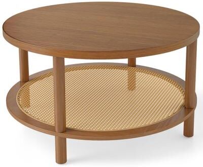 Costway 2-Tier Boho Round Rattan Coffee Table with Storage Shelf-Walnut