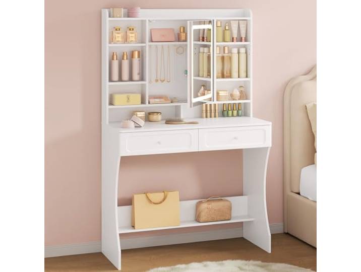 WOLTU Schminktisch mit Beleuchtung, Frisiertisch mit Spiegelschrank Helligkeit Einstellbar, 2 Schubladen, Verstellbare Ablagen, kleiner Schminktisch für Schlafzimmer, Weiß