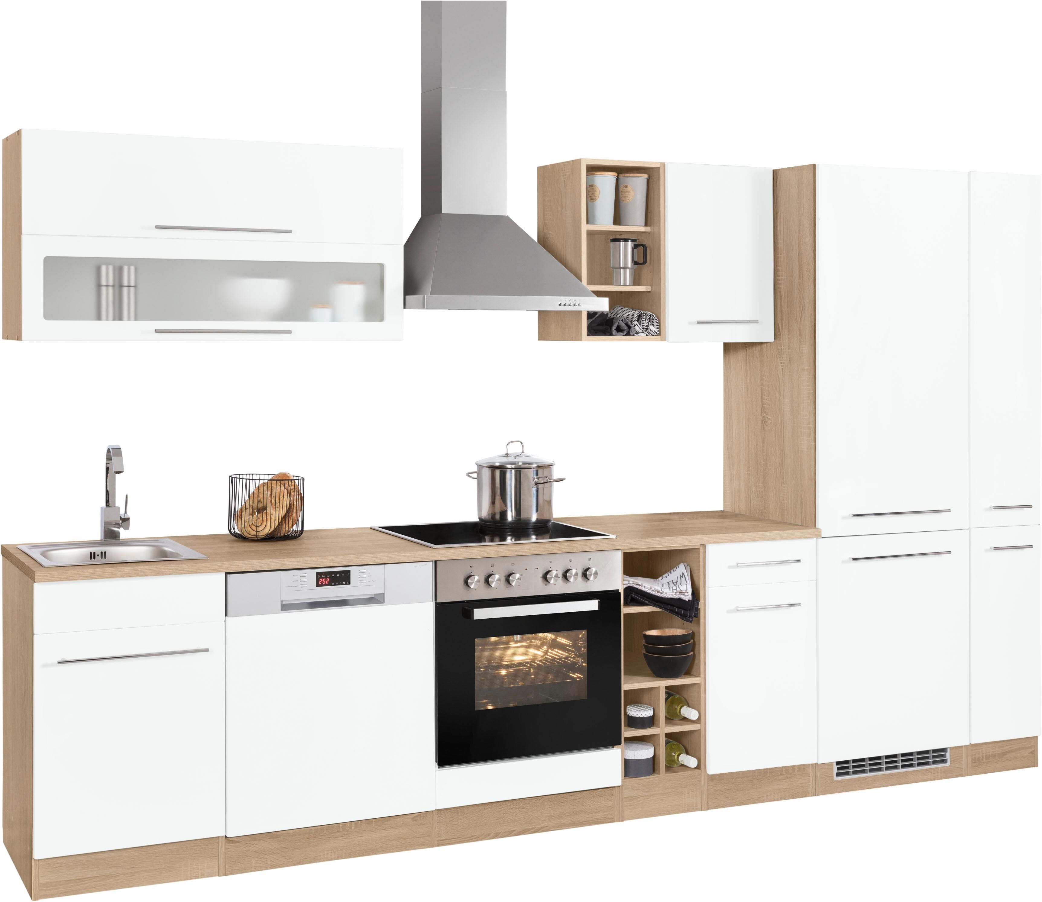 Küchenzeile KOCHSTATION "KS-Eton", weiss (küche: weiß, korpus: eichefarben, arbeitsplatte: eichefarben), B:330cm T:60cm, Komplettküchen-Sets, Küchenzeile, ohne E-Geräte, Breite 330 cm küche: weiß, korpus: eichefarben, arbeitsplatte: eichefarben B/H/T: 330