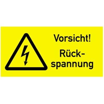 Aufkleber Vorsicht! Rückspannung, Kombischild, Folie, 74x37 mm