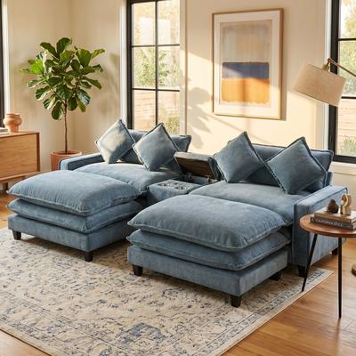 Loedds Chenille Sectional Sofa with Storage & USB Charging & Cup Holders