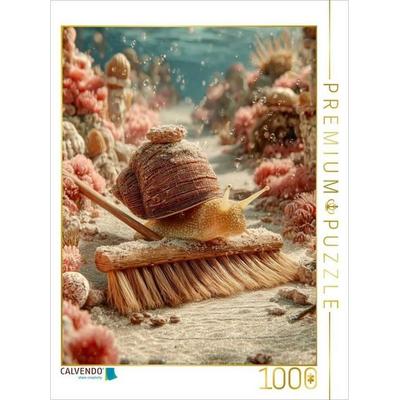 CALVENDO Puzzle Lustige Unterwasser-Schnecke mit Besen im Korallenriff | 1000 Teile Lege-Größe 64x48cm Foto-Puzzle für glückliche Stunden
