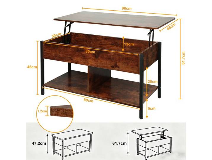 Table Basse à Plateau Relevable Style Industriel Grand Rangement Caché et Étagère Inférieure Design Bois Rétro Métal Noir