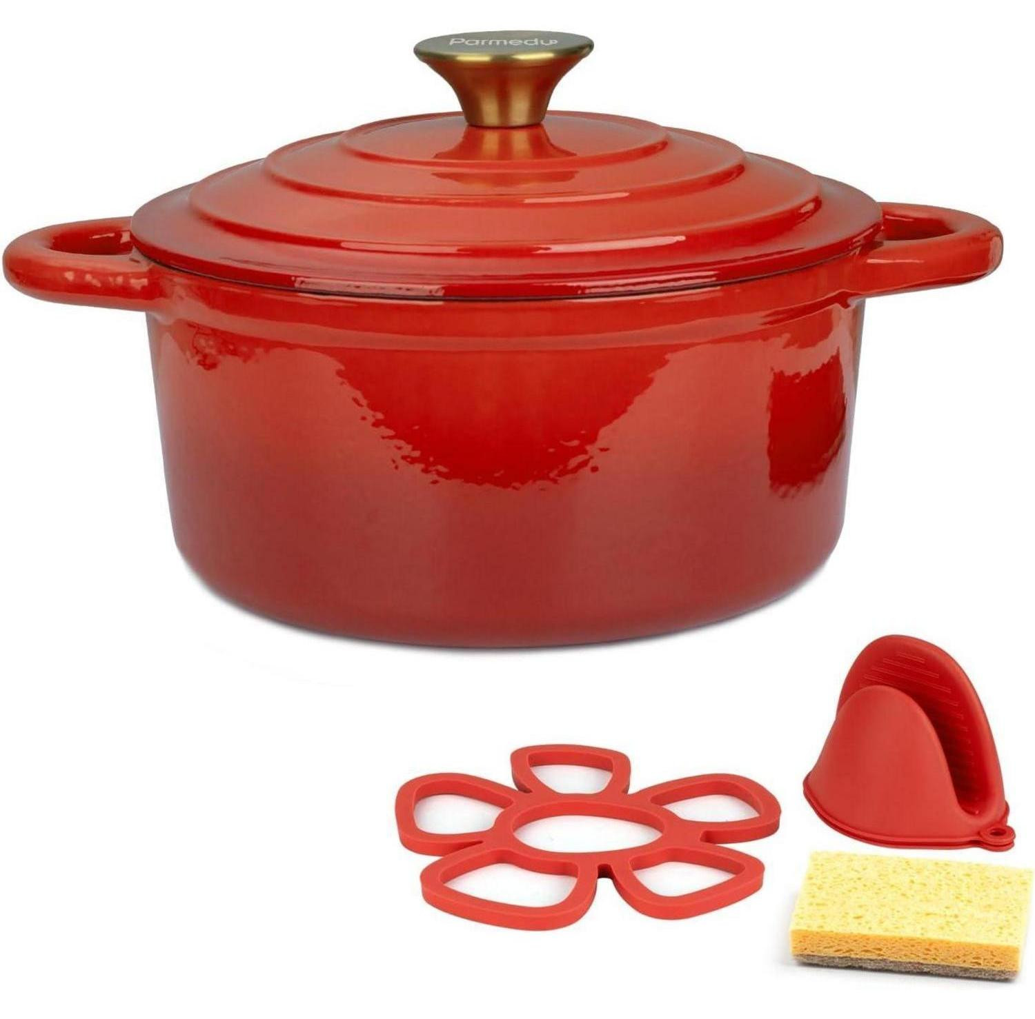 Parmedu Emaille braadpan van gietijzer, Rood, 5L, inclusief siliconen accessoires en spons