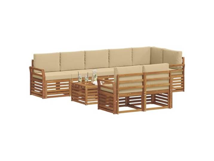 KTHLBRH 9-teiliges Sofaset Natur und Beige aus massivem Akazienholz Modular, wiederkonfigurierbar, abnehmbare Kissen, Lattenrost-Design, perfekt für Terrasse und Garten