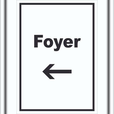 HB-Druck Foyer Schild mit Text und Richtungspfeil links Eingangshalle hochkant A1 (594x841mm)