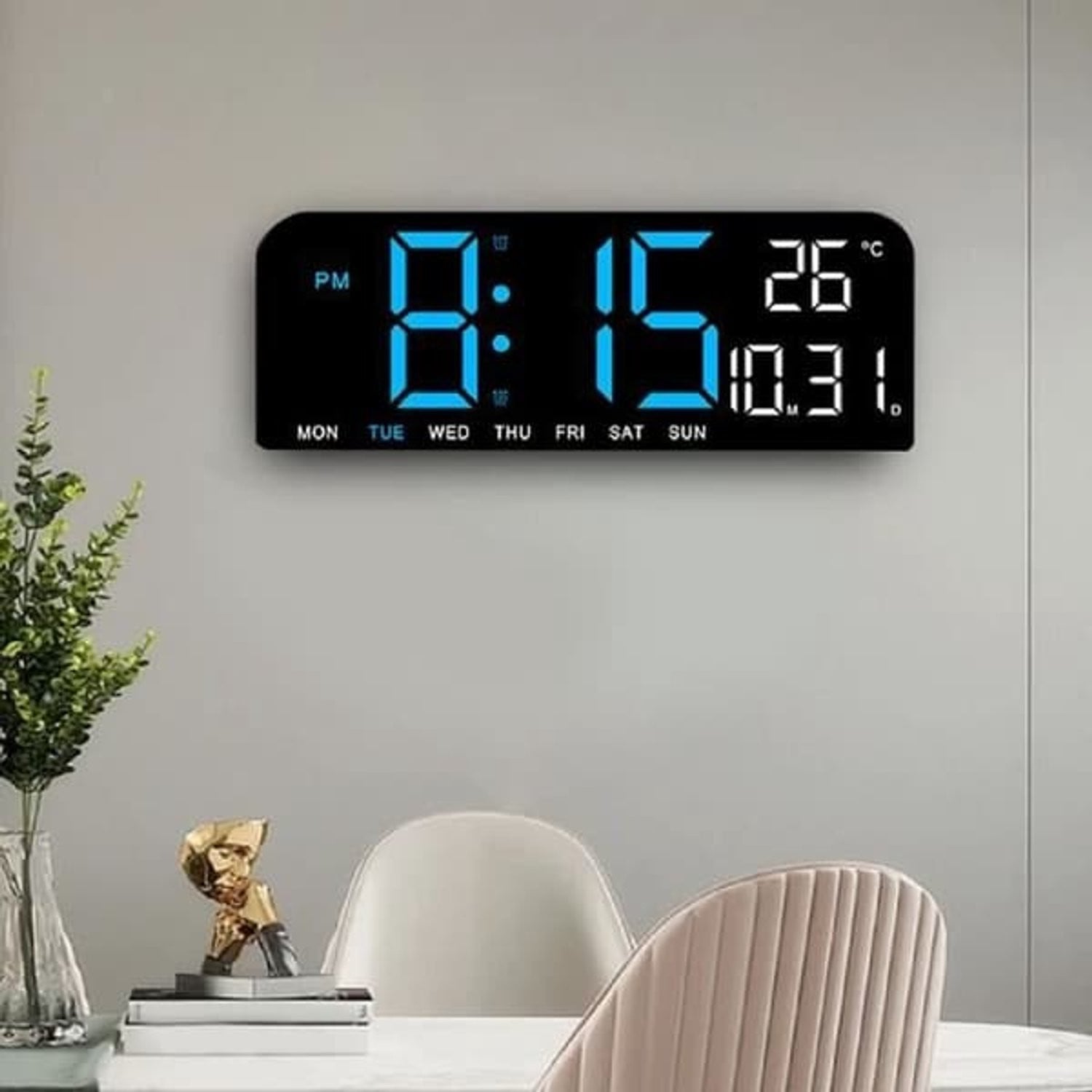Grote digitale LED-wandklok en tafelklok met groot display, blauw
