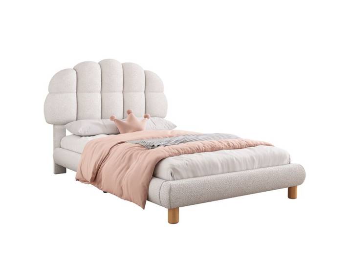 Lit enfant 90x200 cm lit simple tête rembourré réglable velours blanc Sans matelas