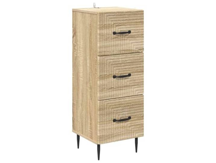 KLGBNCVE Schubladenschrank Sonoma-Eiche 33 x 34,5 x 89,5 cm Vintage-Stil, schwarze Farbe, Pfostenbeine, Stangengriffe, Holzwerkstoff, feuchtes Tuch