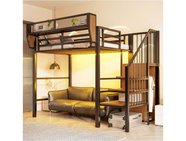 MEUBLIV Lit mezzanine 90x200 en métal noir LED intégrée échelle de sécurité et rangement flexible