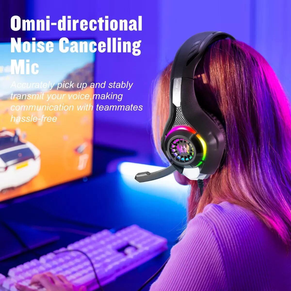 INF Kabelgebundenes Gaming-Headset mit RGB-Beleuchtung, 3.5mm Single-Stecker und 1-zu-2 Audio-Adapterkabel, ABS-Kunststoff, Schwarz