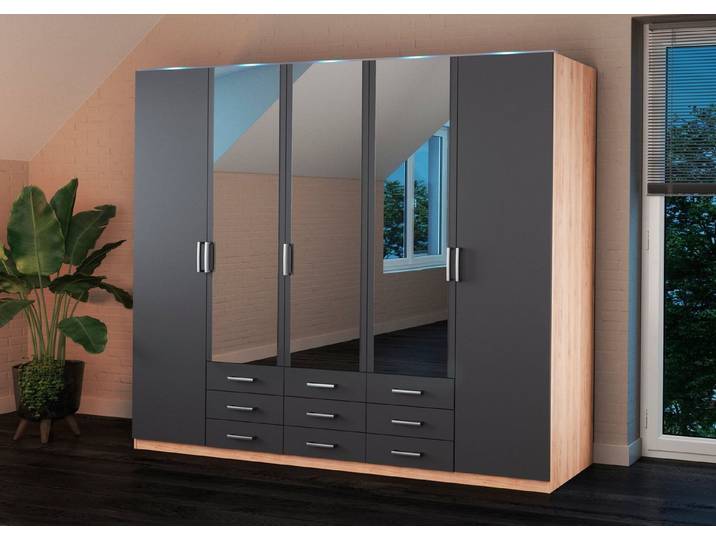 priess Kleiderschrank Amsterdam, viel Stauraum durch viele Schubkästen, Spiegeltüren Optional mit LED-Beleuchtung, Made in Germany