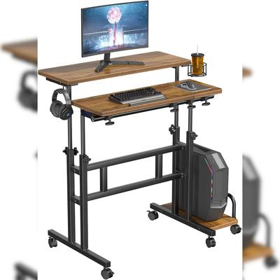 höhenverstellbarer Sitz-Steh Schreibtisch 80x60cm, Stehpult, drehbar, Mobiler Stehtisch mit neigbar Tischplatte, Braun