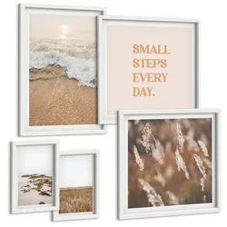 BILDER SET 5er Set - 50x50 cm & 20x30 cm & 40x60 cm Weißer Rahmen - Strandwellen, Steine, Sommer