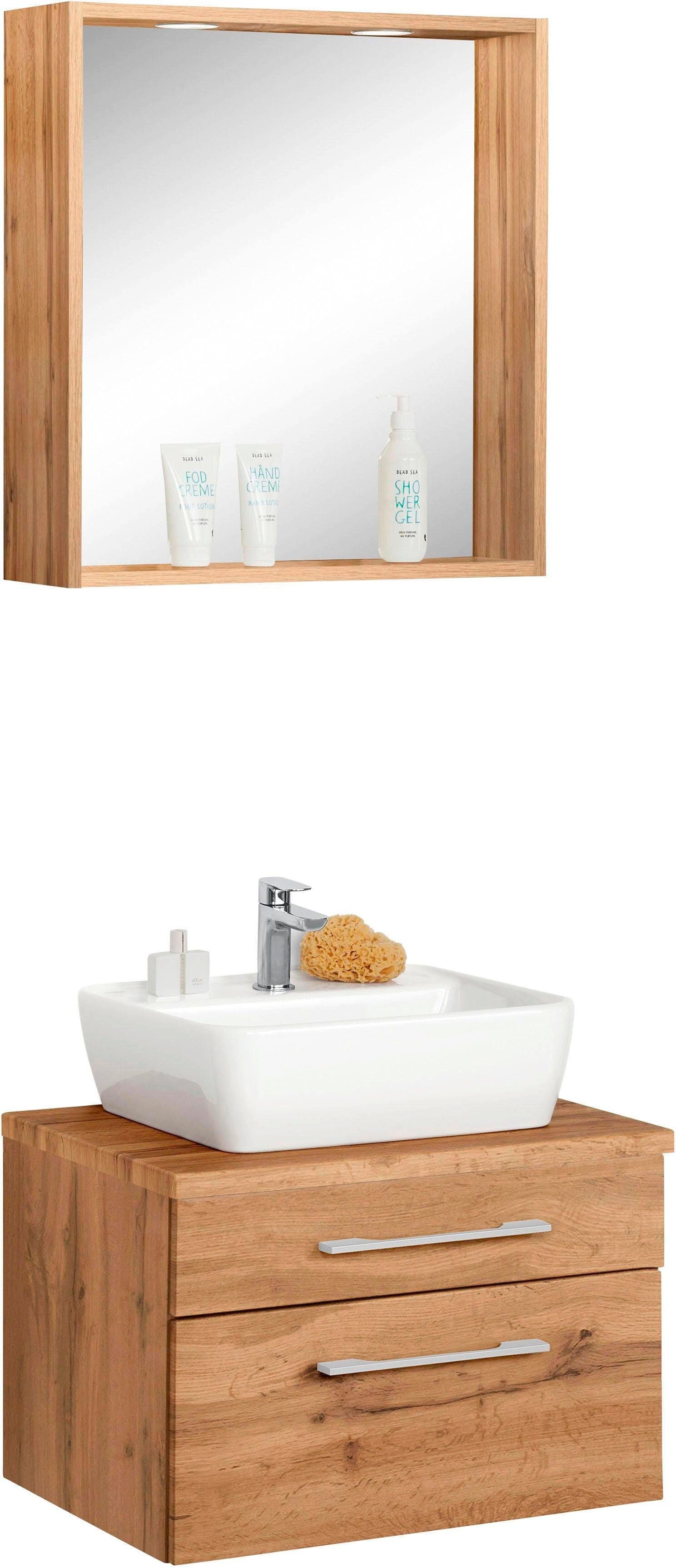 Badmöbel-Set WELLTIME "Davos", braun (eichefarben), Kastenmöbel-Sets, Badmöbel-Set, mit rechteckigem Waschbecken eichefarben Einheitsgröße