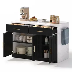 Kücheninsel 120x60x91 cm Schwarz mit Barthekenfunktion, USB-Anschlüssen, Steckdosen und Marmoroptik Arbeitsplatte
