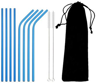 Inspired Living Rainbow Reusable Metal Straws Set With Cleaning Brush Premium Stainless Steel Drinking Straws For Cocktails, Smoothies 11pcs Blue