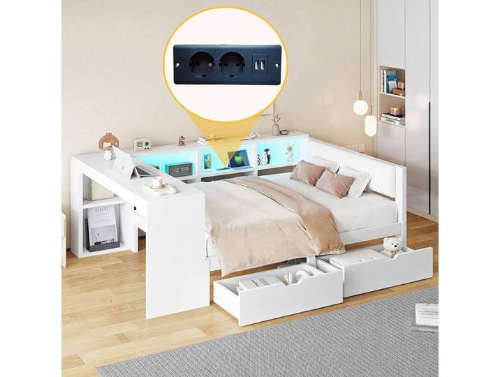Lit Combine Lit plateforme Bois 140x200 cm avec rangements 2 tiroirs recharge USB et tête de lit LED Blanc