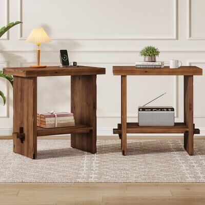 YUZHOU Solid Wood Farmhouse Nightstand, 2-Tier Open Storage Rustic Bedside End Table