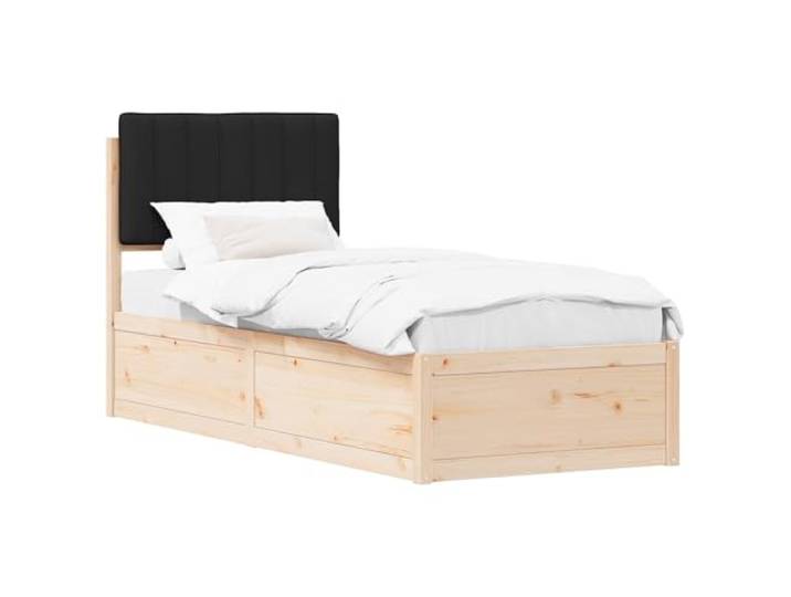 PUGYNBK Bettgestell mit gepolstertem Kopfteil, Schwarz, 75 x 190 cm Massives Kiefernholz, Plattform mit Lamellen, waschbarer Bezug, einfache Montage