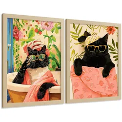 POSTER 2er Kunstdruck-Set Wandbilder Katzen Badezimmer modern Wohnzimmer Deko, Schlafzimmer, Küche Leichter Holzrahmen A3
