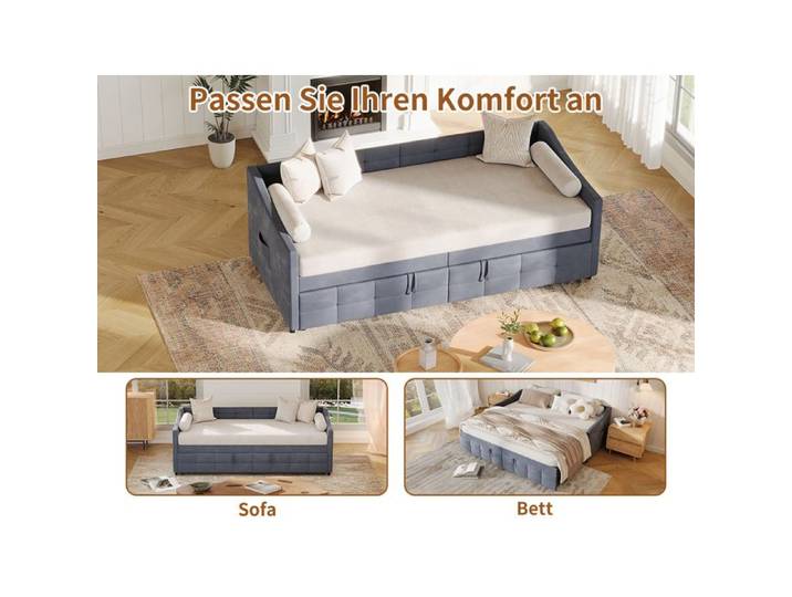Lit gigogne extensible - PERGAR - Velours gris - 90/180x200 cm - 2 places - Montage requis