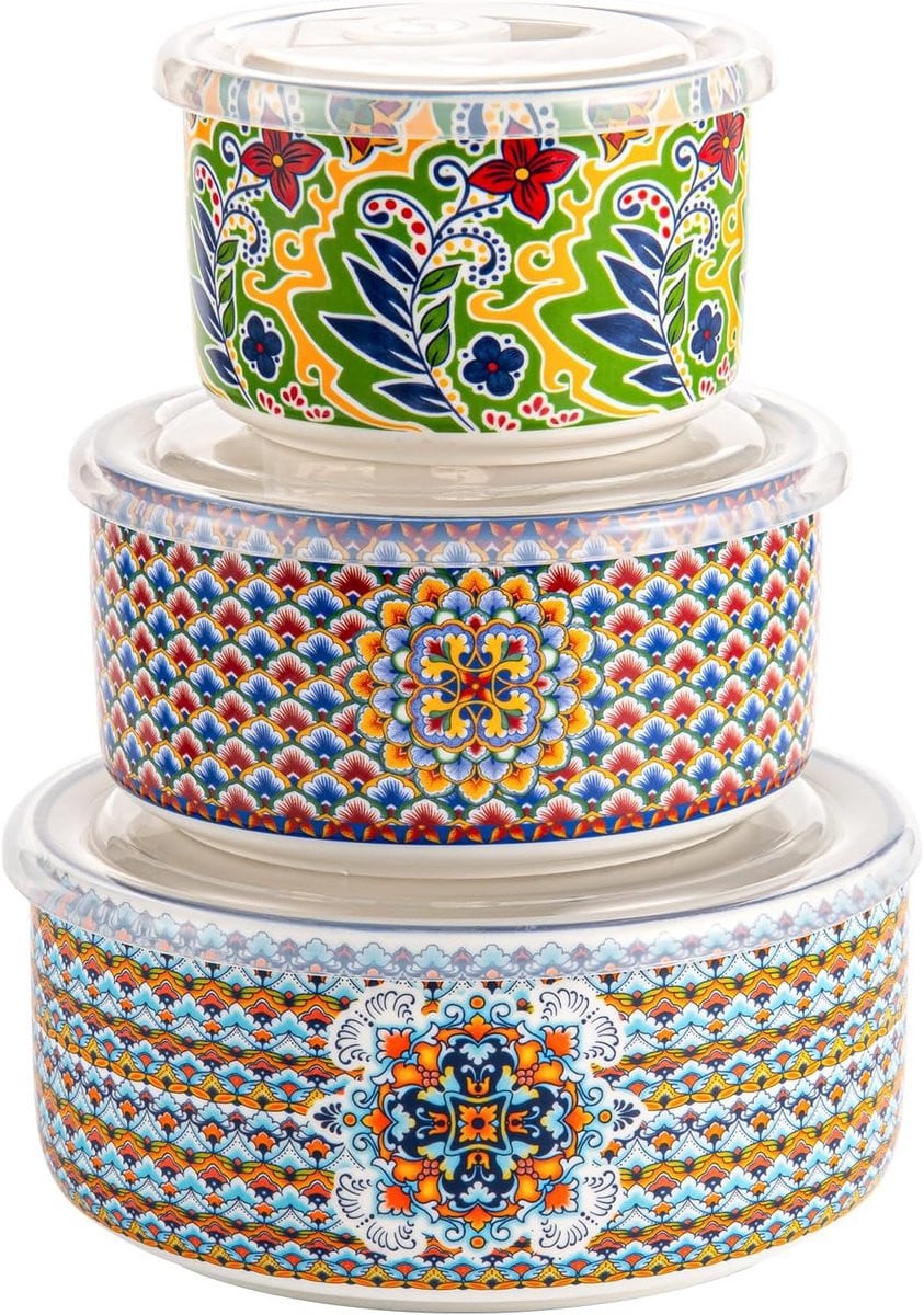 Set van 3 kleurrijke serveerschalen met deksels in Boheemse stijl
