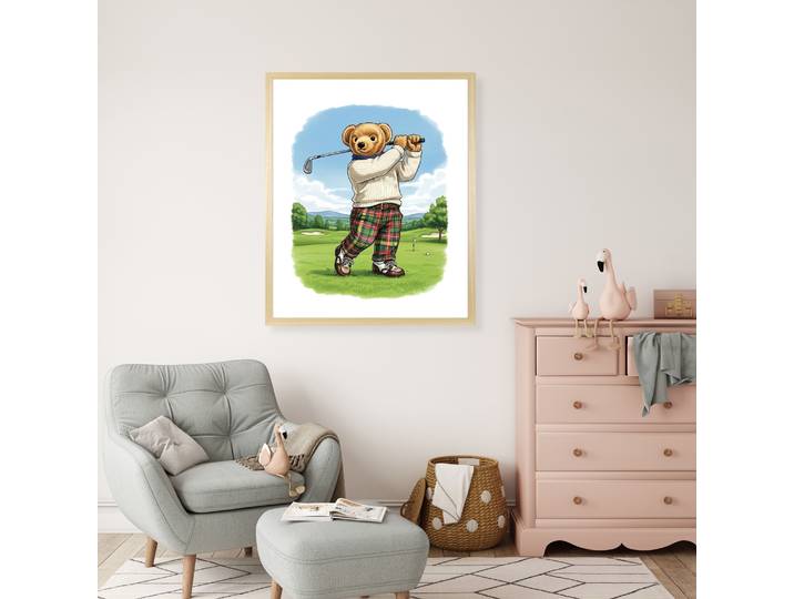 Bild mit Rahmen QUEENCE Vintage Teddy Bär in Golf Club , bunt (farbe rahmen: beige, farbe bild(er): blau), B:50cm H:70cm T:1,5cm, Acrylglas, Holzrahmen, Bilder, Bild mit Rahmen, HD Premium Poster-Druck inkl. Echtholzrahmen in beige