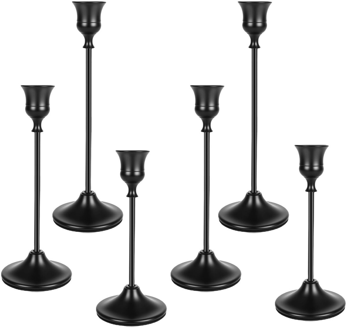 Dailygoods 6-delige zwarte kandelaar van duurzaam aluminium voor staafkaarsen - Vintage decoratie - Hoogtes: 16 cm, 19 cm en 22 cm