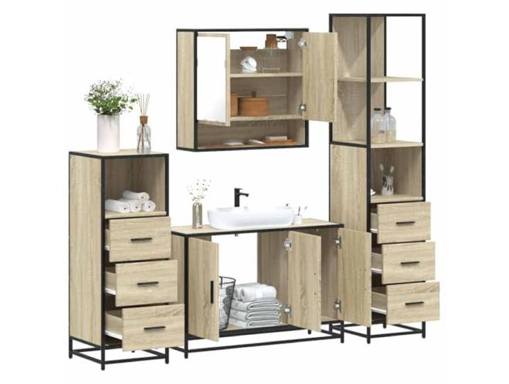 ZQQLVOO 4-TLG. Badmöbel-Set Sonoma-Eiche Holzwerkstoff Metallgestell, Lowboard, Spiegelschrank, Wandmontage, Waschbeckenunterschrank, reichlich Stauraum, Korrosionsbeständigkeit