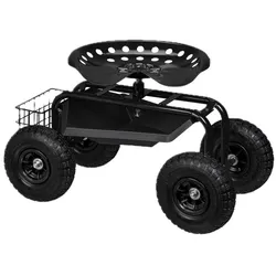 Relaxdays fahrbarer Gartensitz, höhenverstellbar, 150 kg, Stauraum, Rollsitz Gartenarbeit, Stahl, Luftreifen, schwarz