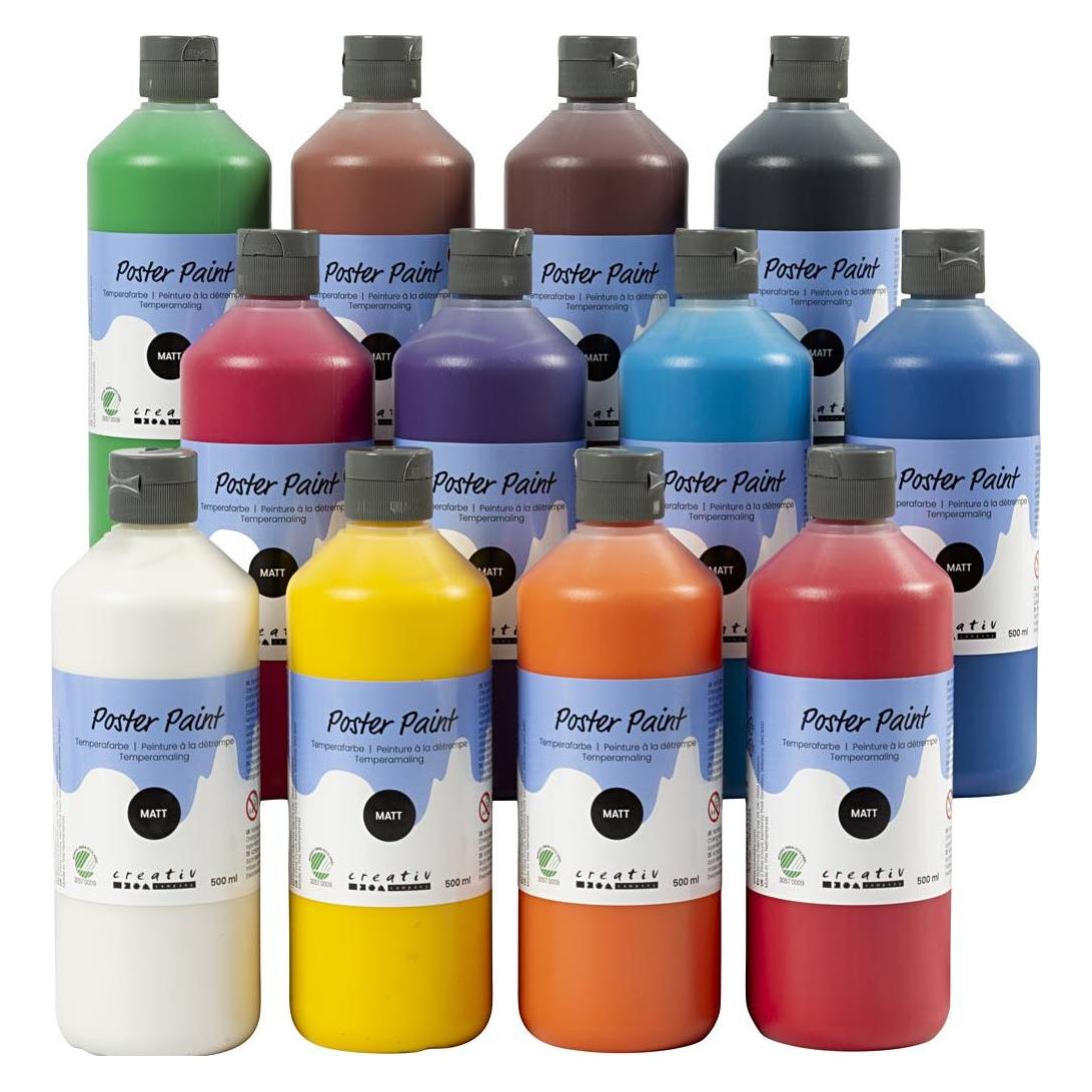 Creativ Company Poster Paint, matt, semi opaque, assorted colours, 12x500 ml/ 1 pack (500 ml) (70642295)