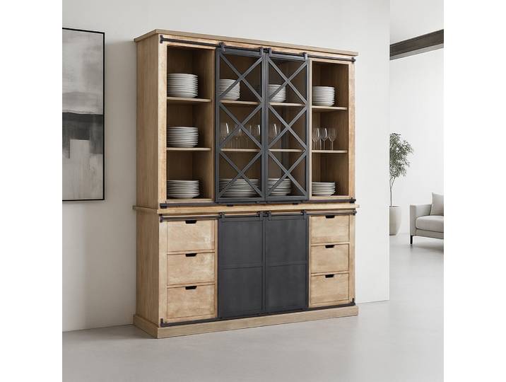 Vaisselier en bois massif de style industriel 180 cm - Detroit