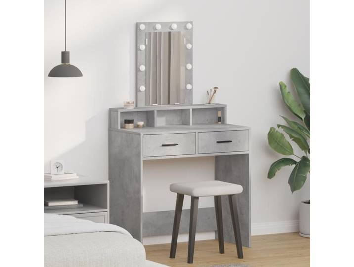 Coiffeuse - Grise en béton - 79x41x140 cm - 2 tiroirs - Éclairage LED intégré