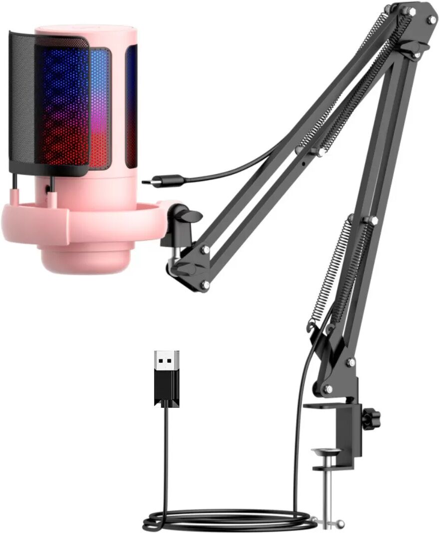 INF Microphone USB Gaming à capsule condensatrice, éclairage RGB, bras réglable, Plug-and-Play, rapport SNR≥75db Rose