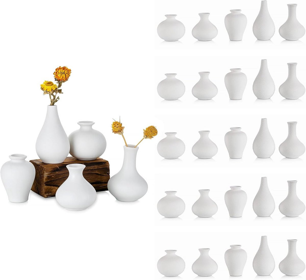 Set van 10 kleine witte keramische vazen voor decoratie en bloemen