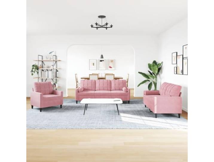 KTHLBRH 4-teiliges Sofa-Set, rosa Samt, mit Kissen Sessel mit Hocker, robustes Metall, Schaumstoff, 1 Sofa, 2-Sitzer, 3-Sitzer