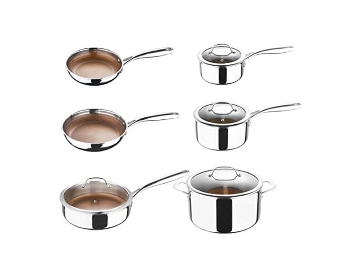 MasterPRO GIRO - 10-tlg. 3-PLY Hybrid Edelstahl Kochgeschirr-Set - Topf, Pfannen & Stielkasserolen - ILAG Antihaftbeschichtung - Kratzfeste Wabenstruktur - Induktion & Backofen - PFAS/PFOA/PTFE Frei