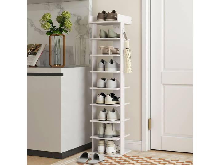 HOMCOM Étagère à Chaussures 9 Niveaux Bois avec Crochets Blanc