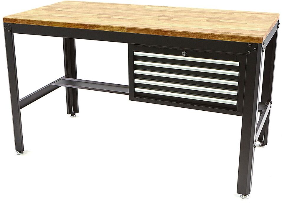 HBM banco da lavoro 155 cm con 5 cassetti, piano di lavoro in legno, nero