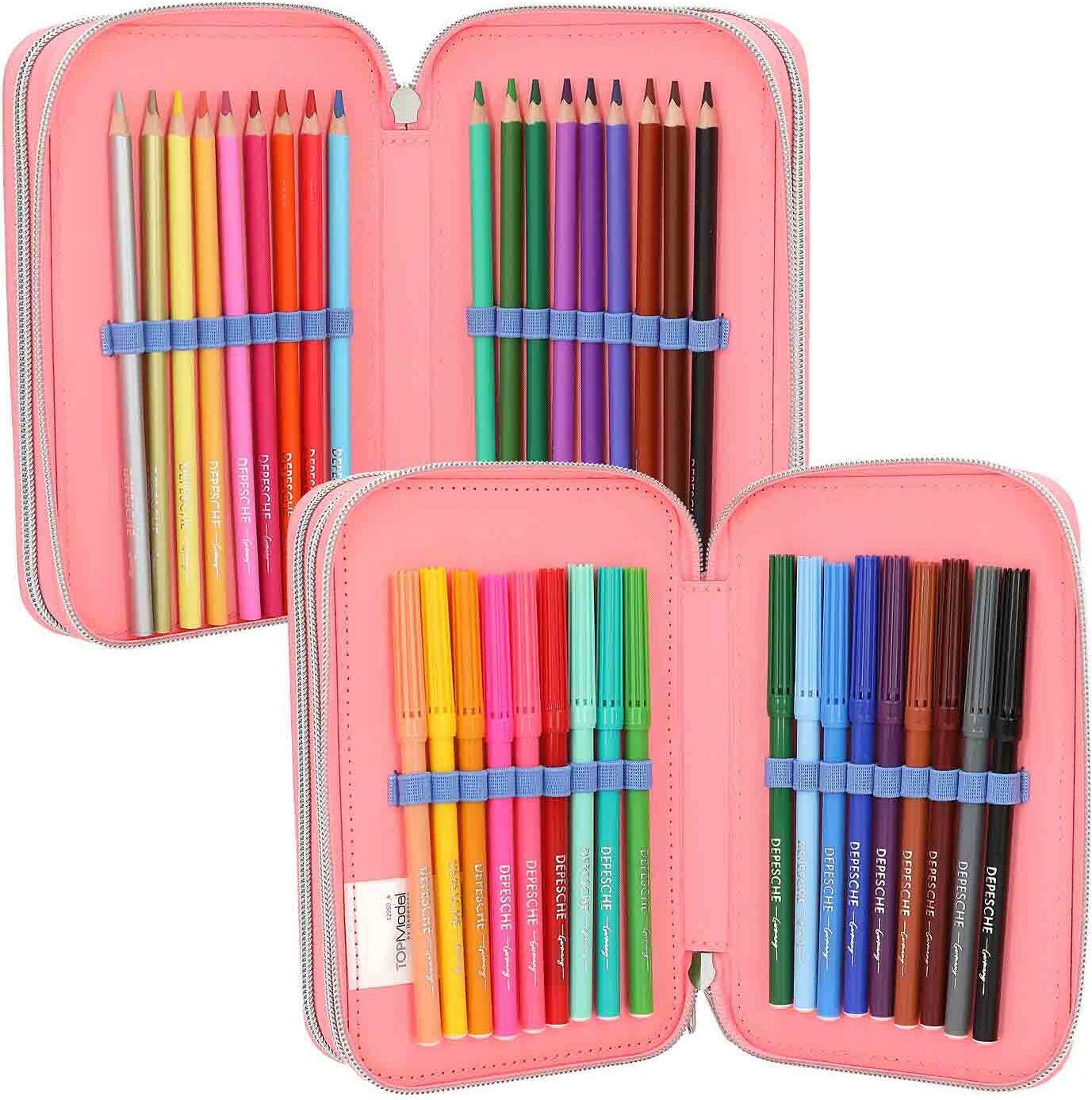 Buntstift DEPESCHE "3-Fach Federtasche inkl. Stifte TOPModel 20,5 x 14,3 x 7,5 cm bunt", Kinder, bunt, Kunststoff, Stifte Buntstift
