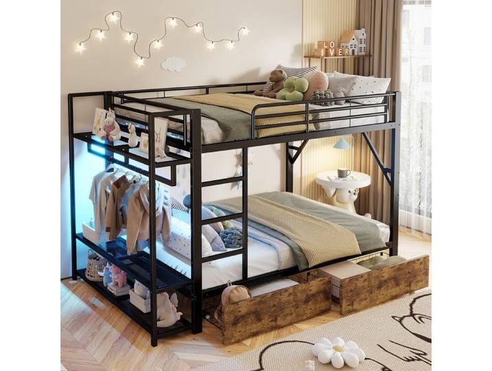 Lit superposé adulte métal 140x200 cm Lit enfant Lit double avec éclairage LED étagères 2 tiroirs de rangement - noir