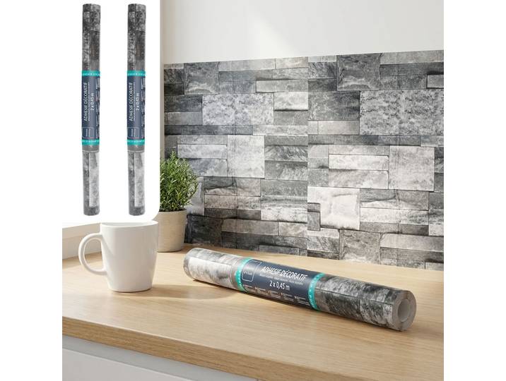 2er-Set Klebefolie in Backsteinoptik, 45 x 200 cm, grau