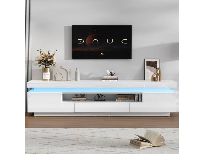 Meuble TV LED moderne PINGGO, console multimédia brillante avec armoires en L, tiroirs et rangement semi-ouvert, meuble bas pour salon