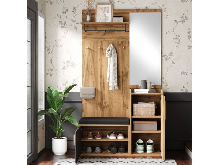 Armoire compacte avec miroir et banc, armoire de couloir avec armoire à chaussures et crochets, ensemble de meubles de couloir, dans une optique en bois