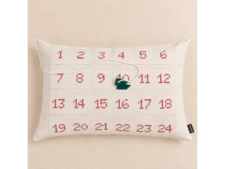 Kissen aus Bio-Baumwolle und recyceltem Polyester mit Adventskalender-Stickerei, 40 x 60 cm