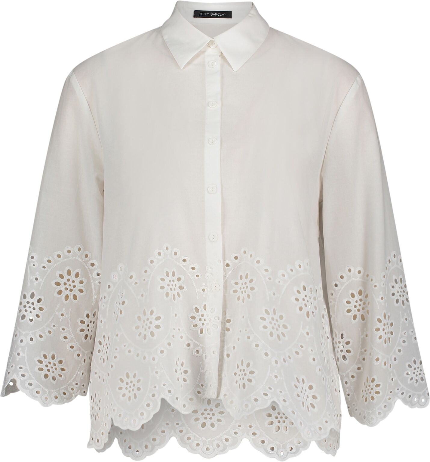 Spitzenbluse BETTY BARCLAY "Spitzenbluse mit Schmuckkanten", Damen, Gr. 36, weiß (rohweiß), Obermaterial: 100% Baumwolle CO., Blusen Spitzenbluse