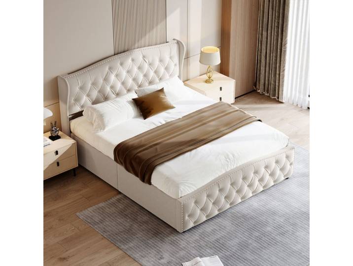 Lit Coffre 160x200 avec Sommier - YLSZHYR - Lit Double Capitonné - Beige - Bois Massif + Flanelle + Métal