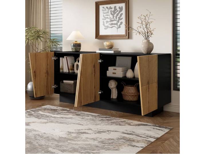 Buffet 160x40x72 cm avec étagère réglable grand rangement pour salon ou salle à manger moderne bois noir